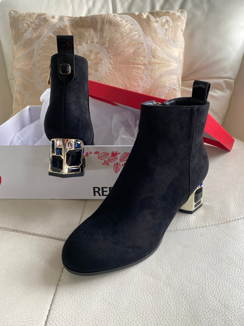 Redz Crystal Heel Ankle Boot - Black Suede F4116
