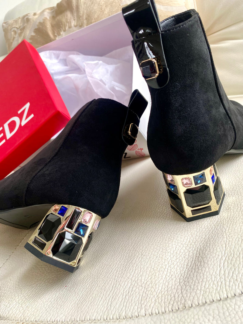Redz Crystal Heel Ankle Boot - Black Suede F4116