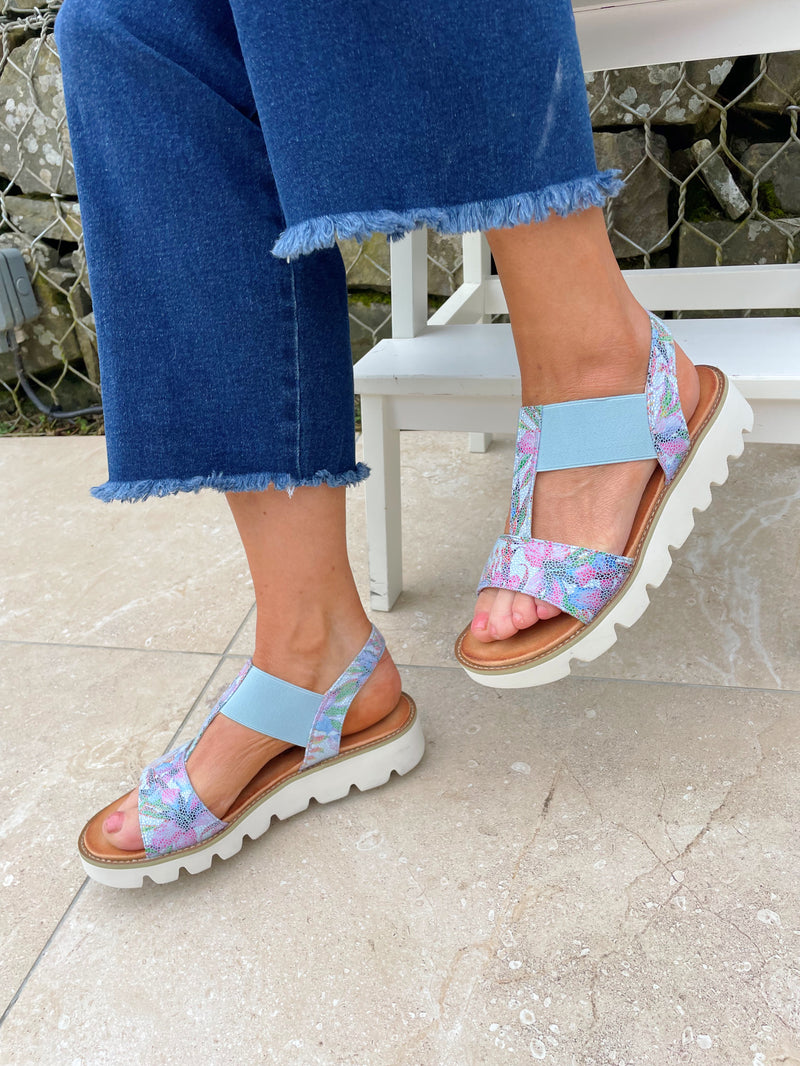Heavenly Feet "Ritz" Wedged Floral Blue Sandal