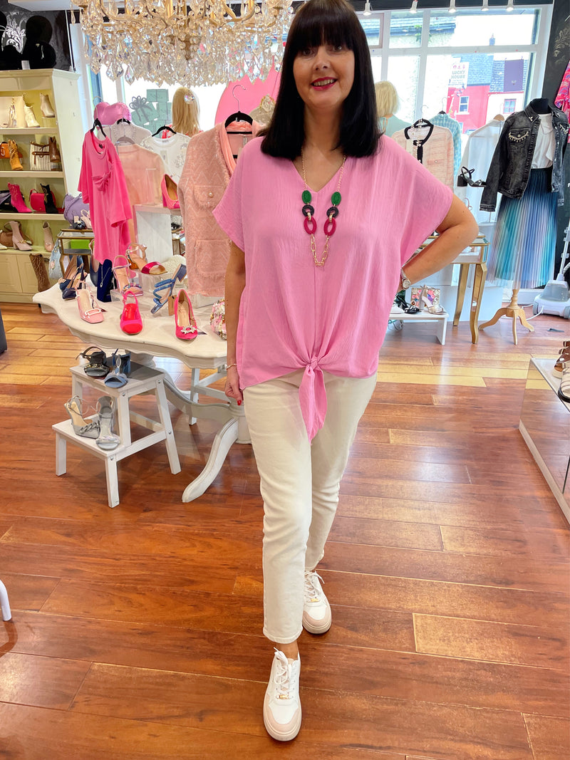 Daphne Tie Blouse With Necklace - Pink