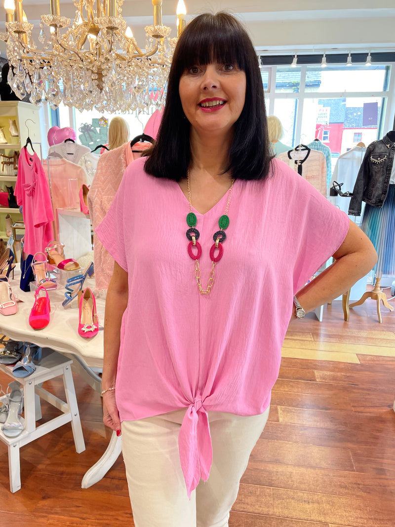Daphne Tie Blouse With Necklace - Pink