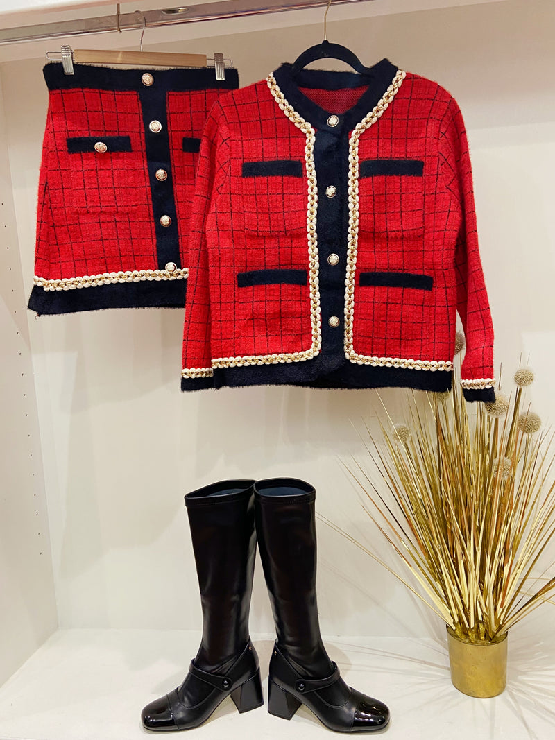 Caroline Co-Ord Tweed Knitted Jacket & Skirt Set - Red