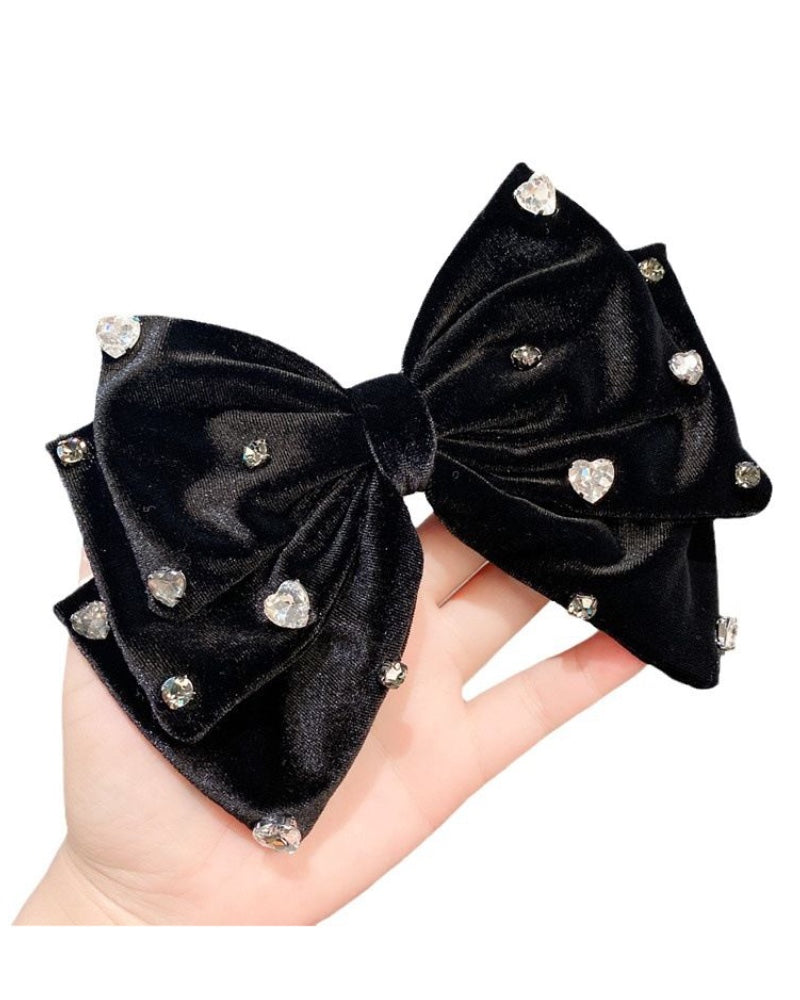 Tamson Heart Diamante Velvet Bow Clip - Black