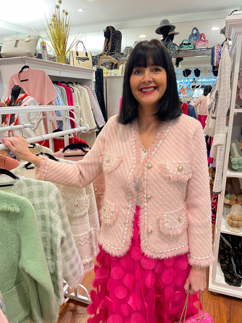 Irene Stripe Tweed Knitted Jacket  - Powder Pink