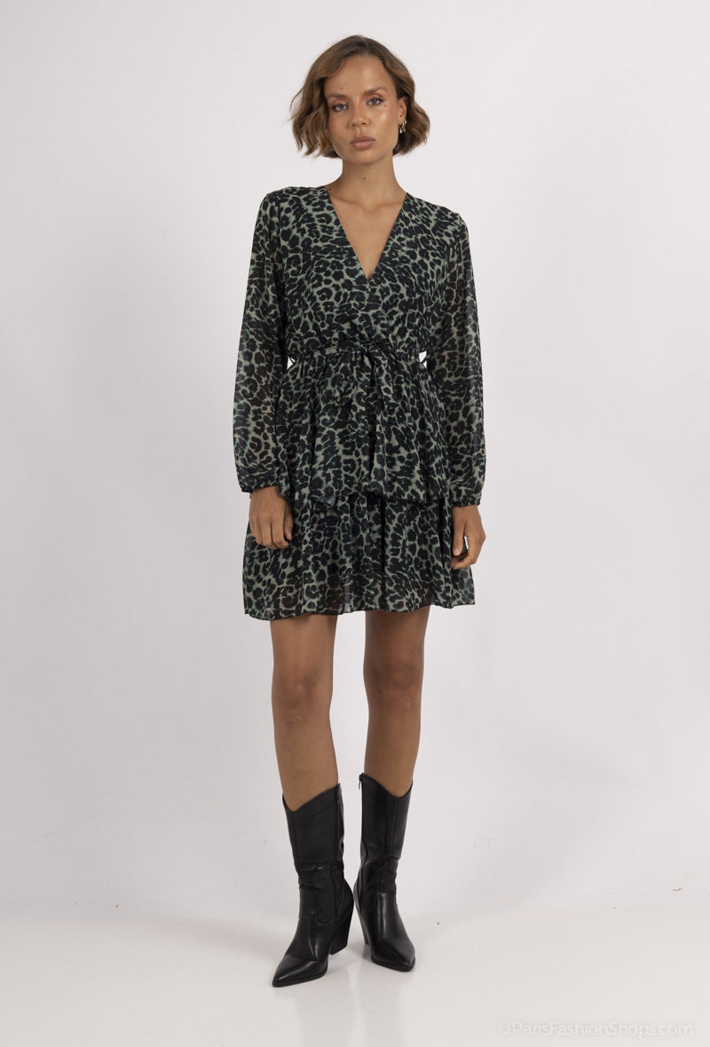 Juma Ruffle Leopard Print Mini Dress - Green Juma Ruffle Leopard Print Mini Dress - Green