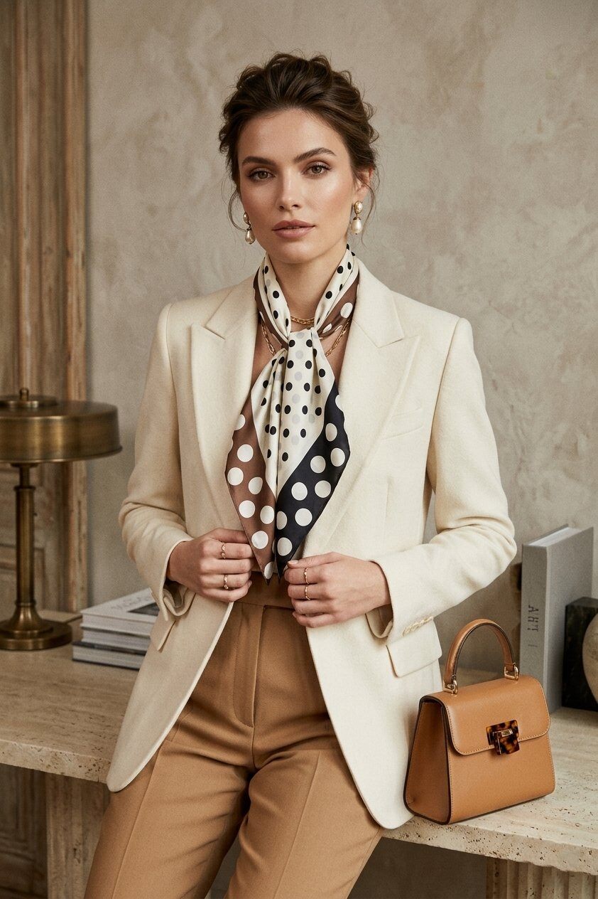 Serene Polka Dot Neck Scarf - Cream, Brown & Black