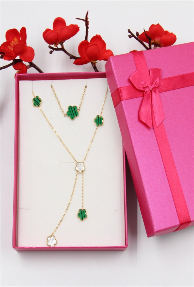 Velvit Drop Necklace  & Bracelet Set - Green & Mother Of Pearl