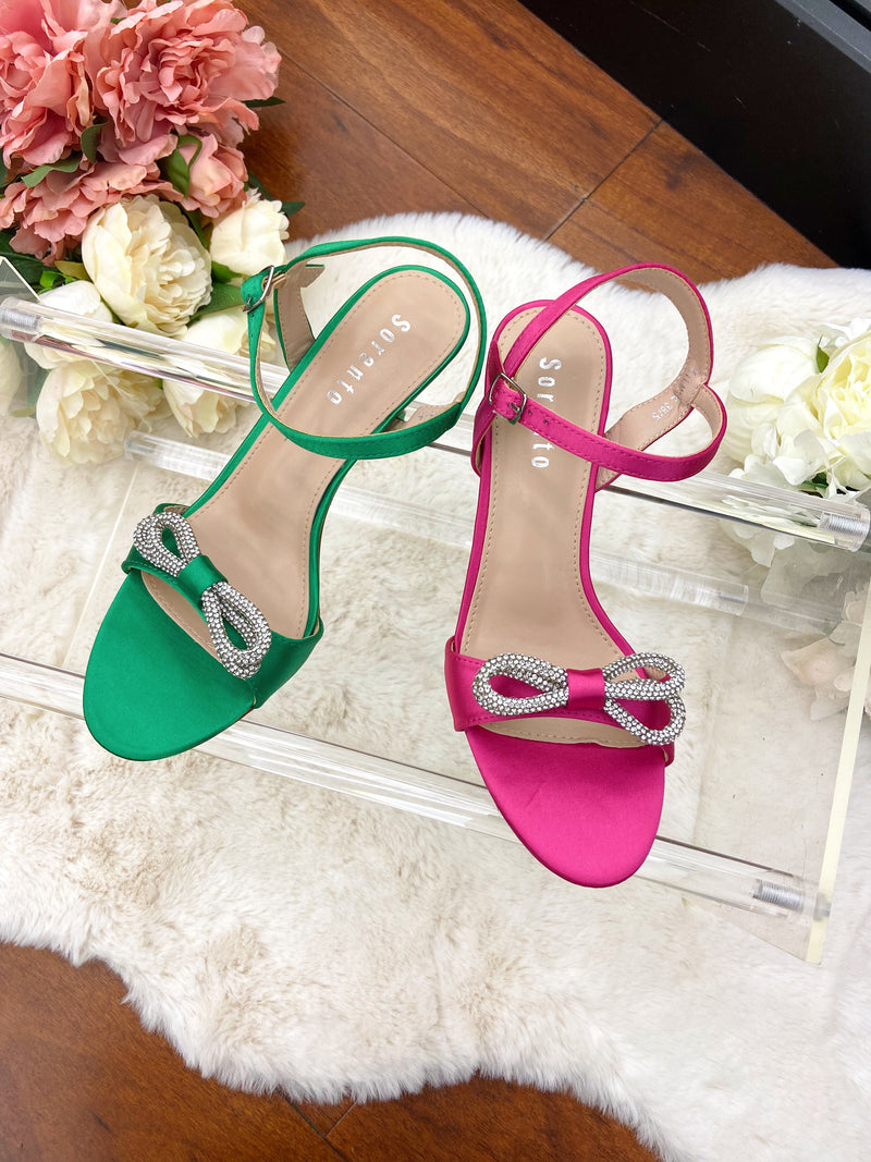 Sorento “Kilmare” Diamante Bow Barely There Sandals - Emerald
