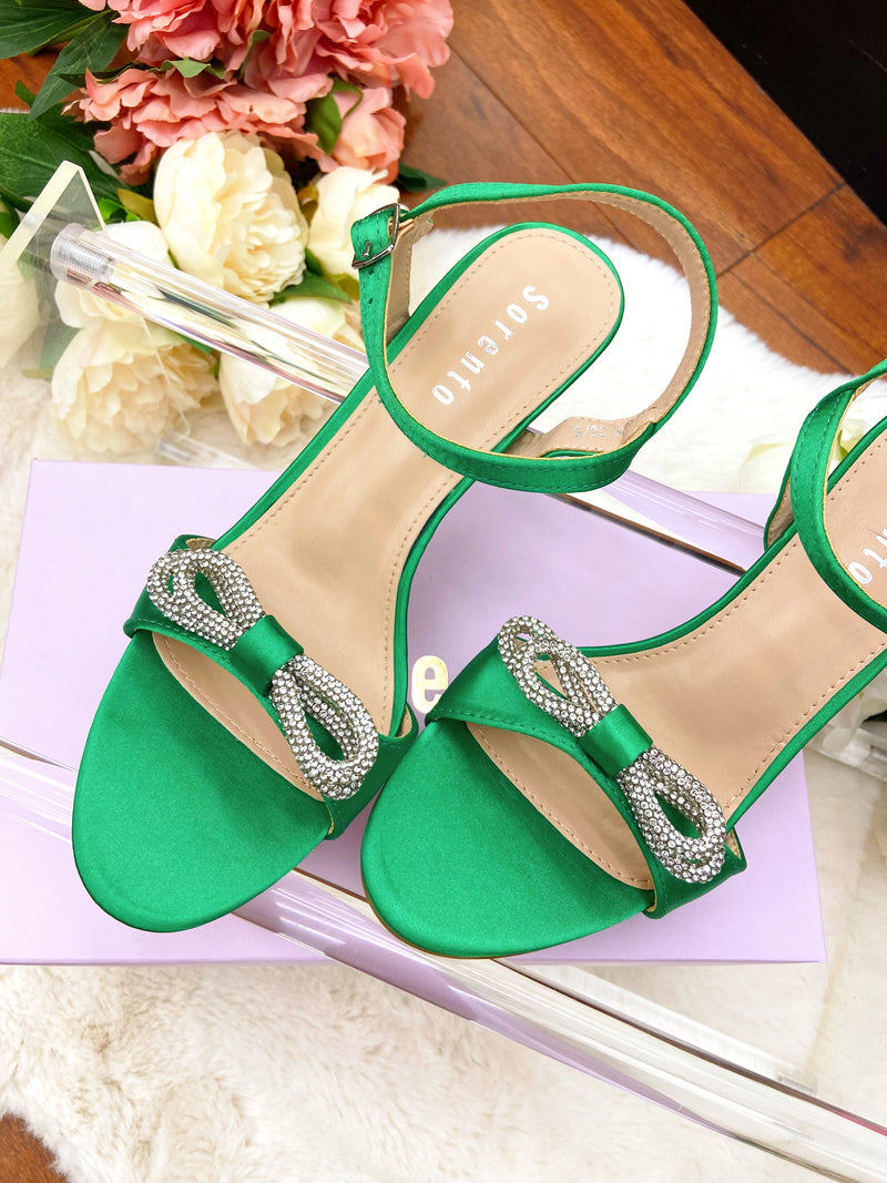 Sorento “Kilmare” Diamante Bow Barely There Sandals - Emerald
