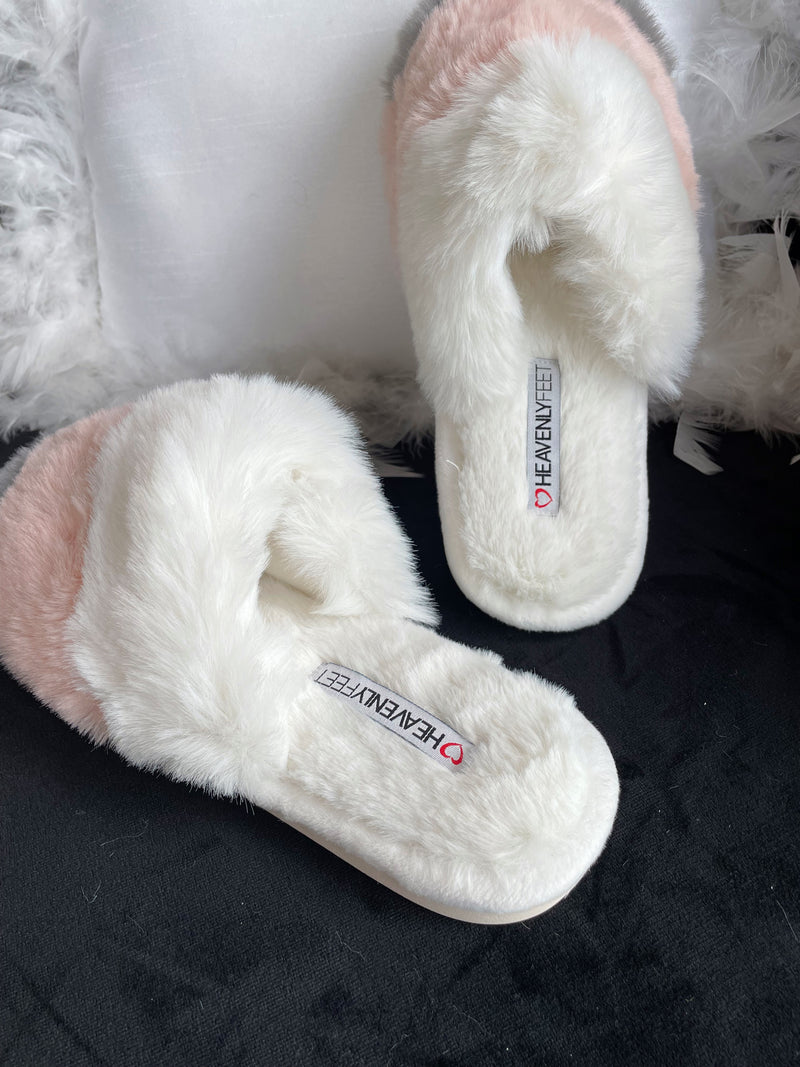 Heavenly Feet Charon Three Tone Fluffy Slippers - White/Pink/Grey