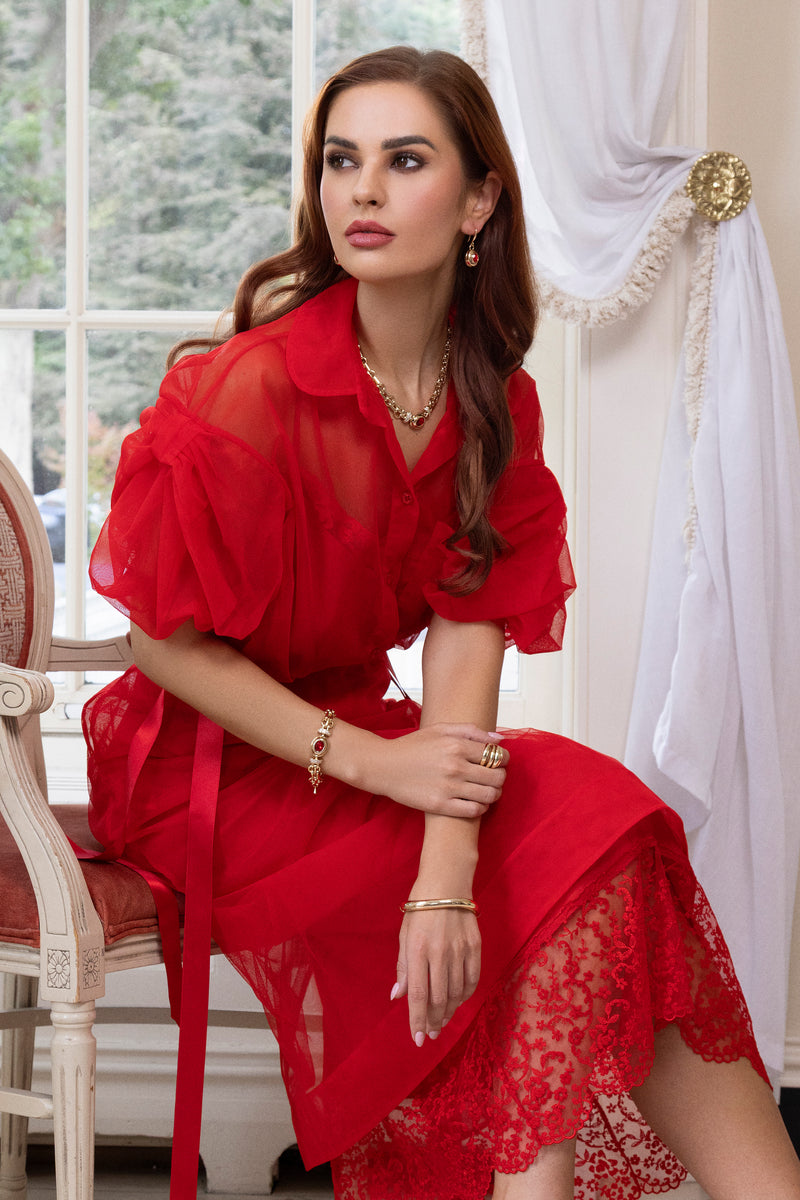 Absolute Siam Oval Diamond Chain Bracelet - Gold & Red B2387RE