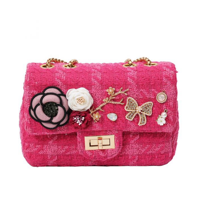 Elisa Tweed Embellished Bag - Pink