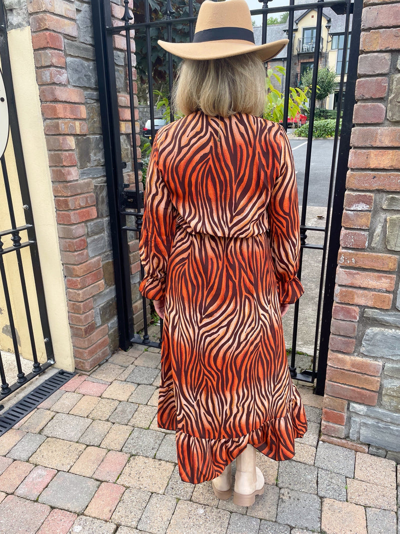 Alexandra Tiger Printed Dress - Burnt Orange, Chocolate & Camel