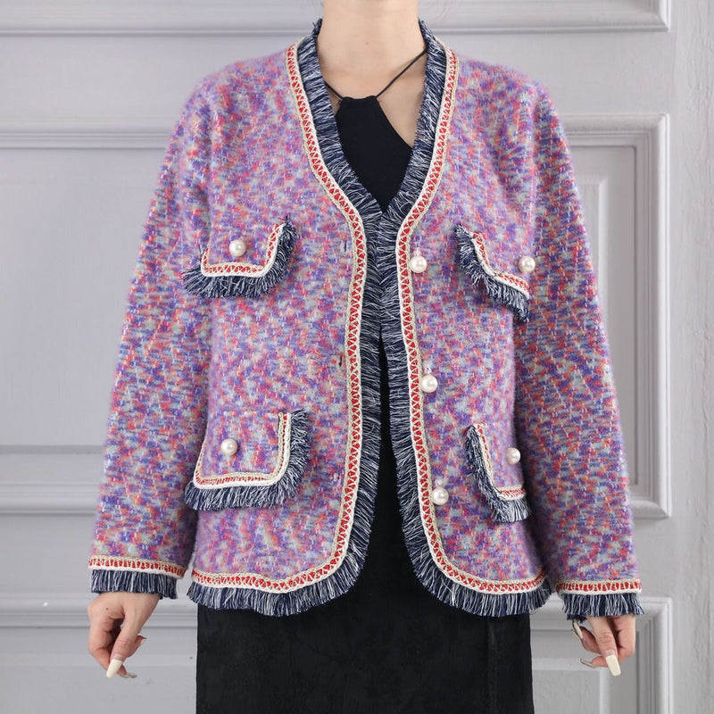 Kendal Fringe & Pearl Knitted Jacket - Purple Rainbow