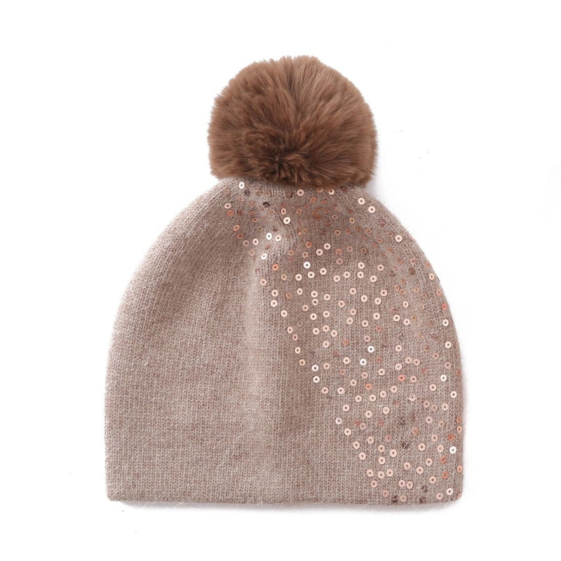 Bell Sequin Pom Hat - Taupe