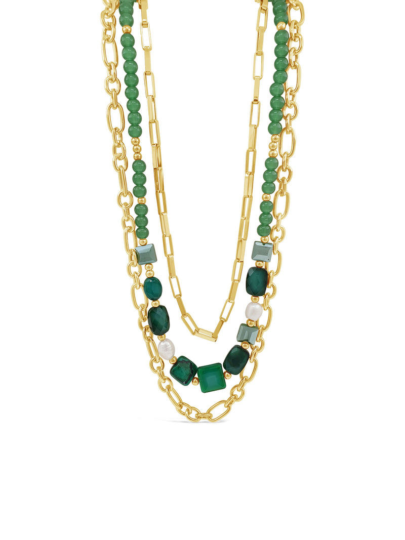 Absolute Green Bead & Chain Triple Strand Necklace N2287EM