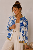 Amira Gold Trim Bomber Jacket - Flower Print Royal Blue