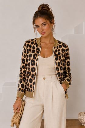 Amira Gold Trim Bomber Jacket - Leopard