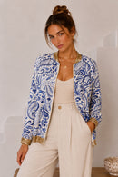 Amira Paisley Print Gold Trim Bomber Jacket - Blue