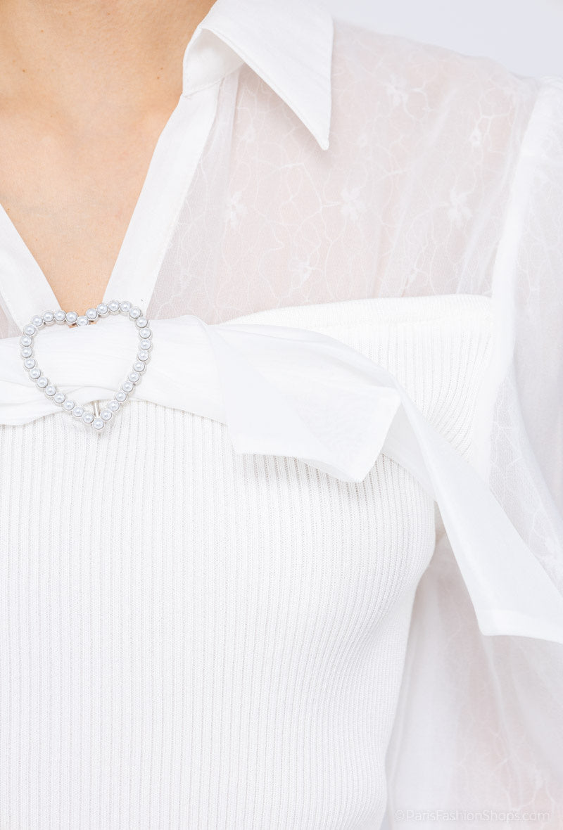 Brielle Rib Knit With Mesh Sleeve & Bow - Off White
