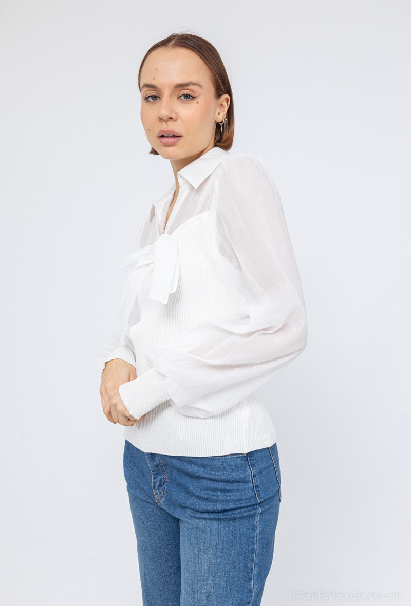 Brielle Rib Knit With Mesh Sleeve & Bow - Off White