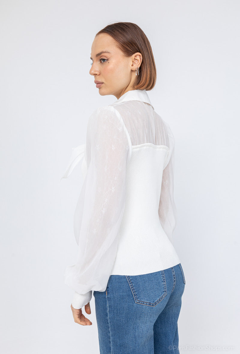 Brielle Rib Knit With Mesh Sleeve & Bow - Off White
