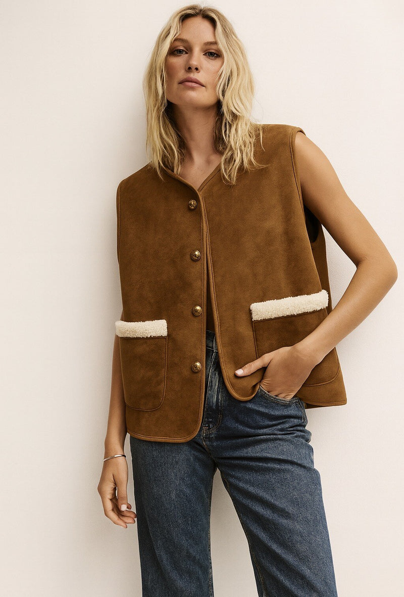 Carla Suedette & Sherpa Trim Gilet - Dark Camel