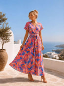 Darla Floral & Gold Print Dress - Blue, Pink & Coral