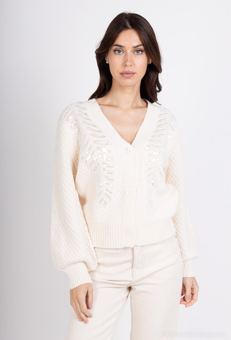 Dixie Sequin & Bead Leaf Textured Cardi - Cream