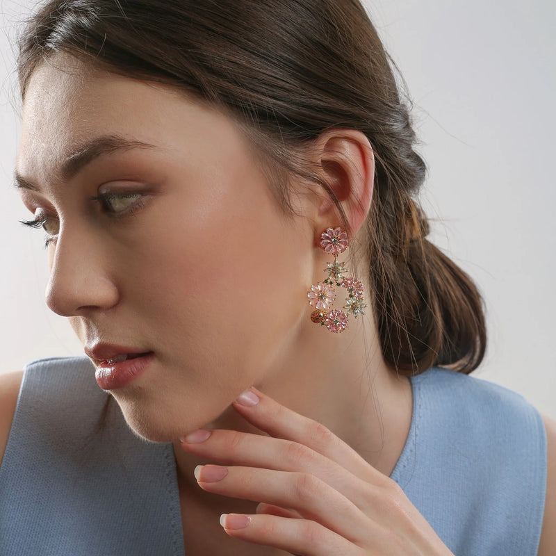 Newbridge Gold Plated Pink & Green Floral Drop Earrings ER0026GP