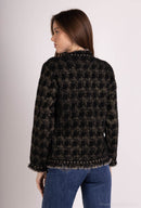 Evie Gold Thread Knitted V Neck Jacket - Black
