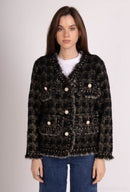 Evie Gold Thread Knitted V Neck Jacket - Black