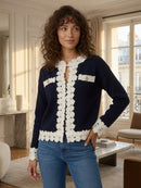 Faya Lace Trim Knitted Jacket - Navy