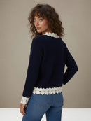 Faya Lace Trim Knitted Jacket - Navy