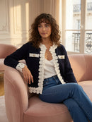 Faya Lace Trim Knitted Jacket - Navy
