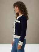 Faya Lace Trim Knitted Jacket - Navy