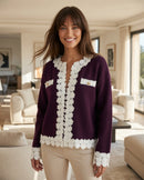 Faya Lace Trim Knitted Jacket - Plum