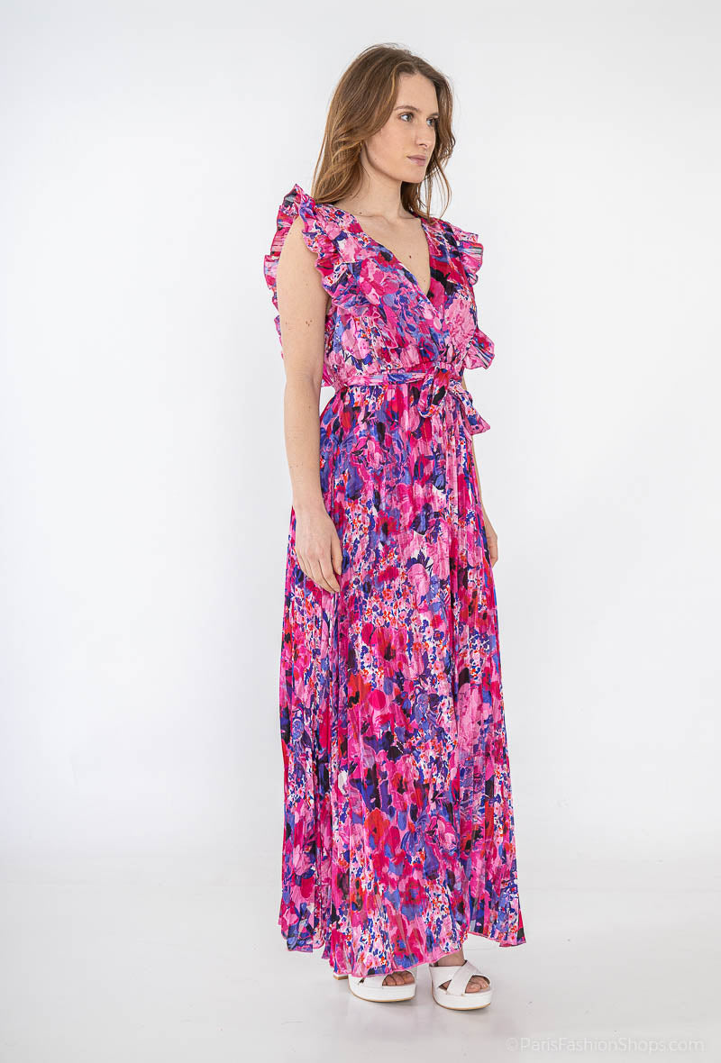 Flora Pleat & Ruffle Maxi Dress - Pink & Purple