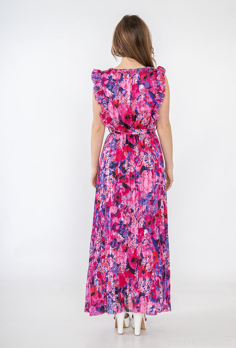 Flora Pleat & Ruffle Maxi Dress - Pink & Purple