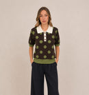 Hazel Polka Dot Collar Jumper - Brown With Olive Green Spots