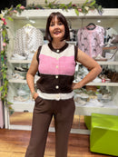 Monica Stripe Knit Gilet - Brown & Pink