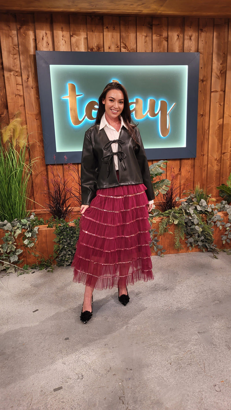 Rian Ruffle & Sequin Tulle Skirt - Burgundy