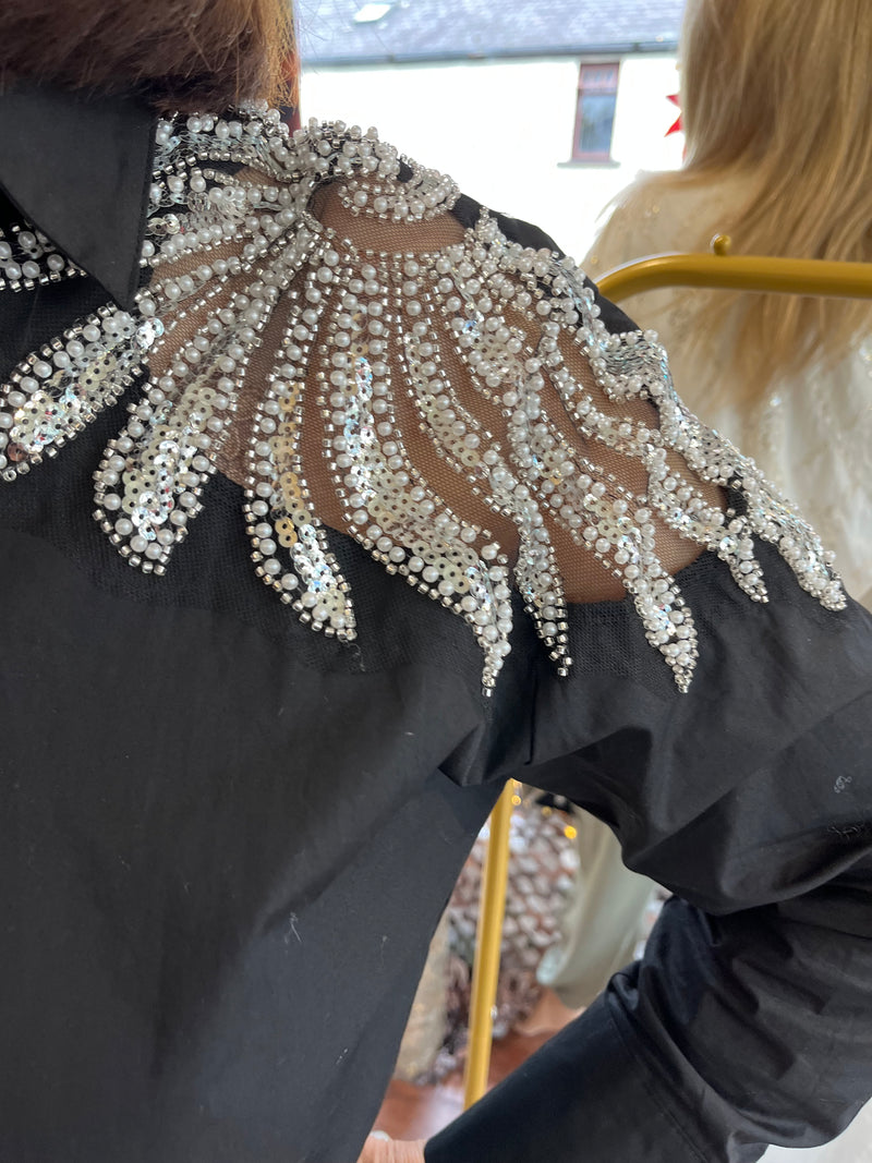 Aubry Pearl & Mesh Shirt - Black