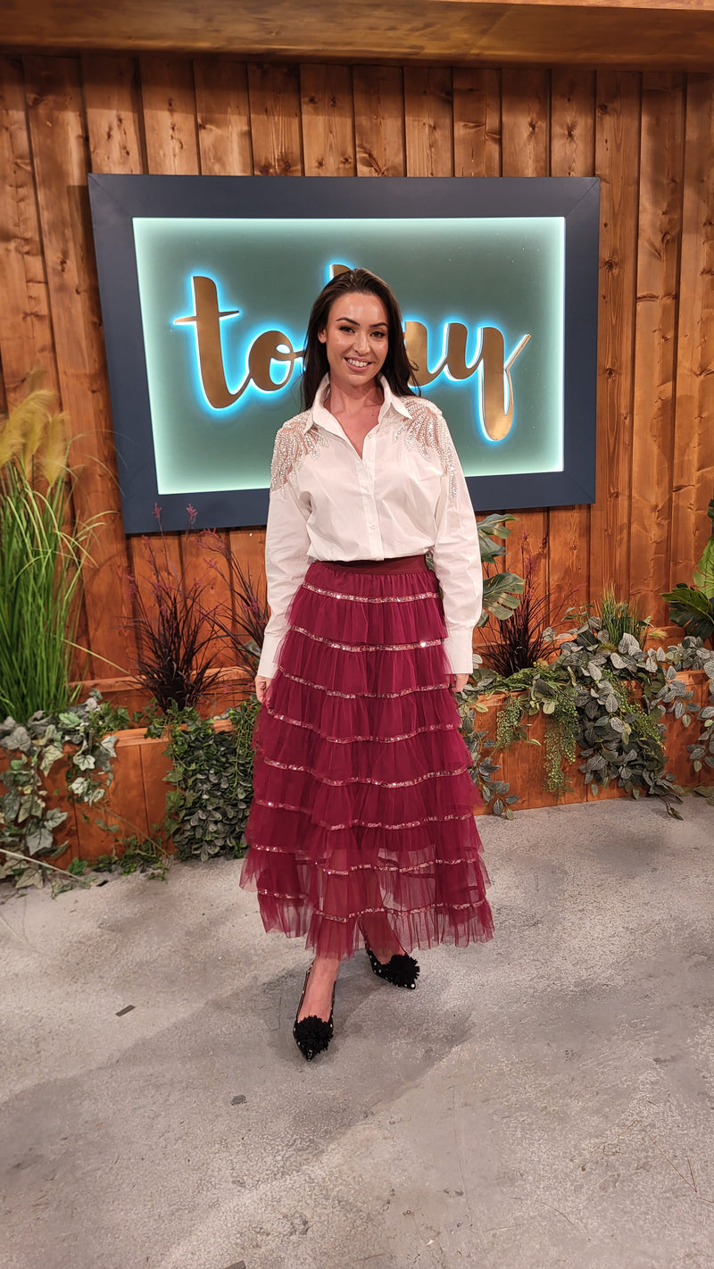 Rian Ruffle & Sequin Tulle Skirt - Burgundy