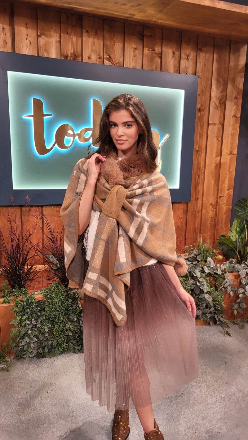 Eileen Tartan Cape - Camel