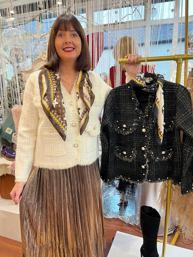 Laurel Gold Thread & Pearl Knitted Jacket - Cream