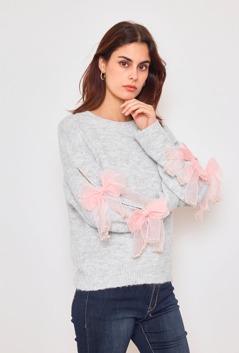 Penny Bow & Pearl Applique Jumper - Grey