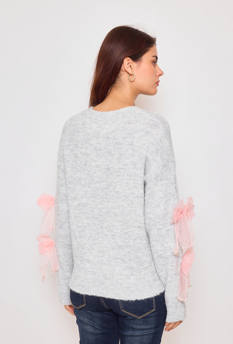 Penny Bow & Pearl Applique Jumper - Grey