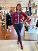 Tori Denim Trim & Gold Button Knit Cardi - Maroon