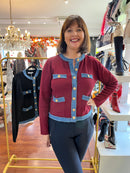 Tori Denim Trim & Gold Button Knit Cardi - Maroon